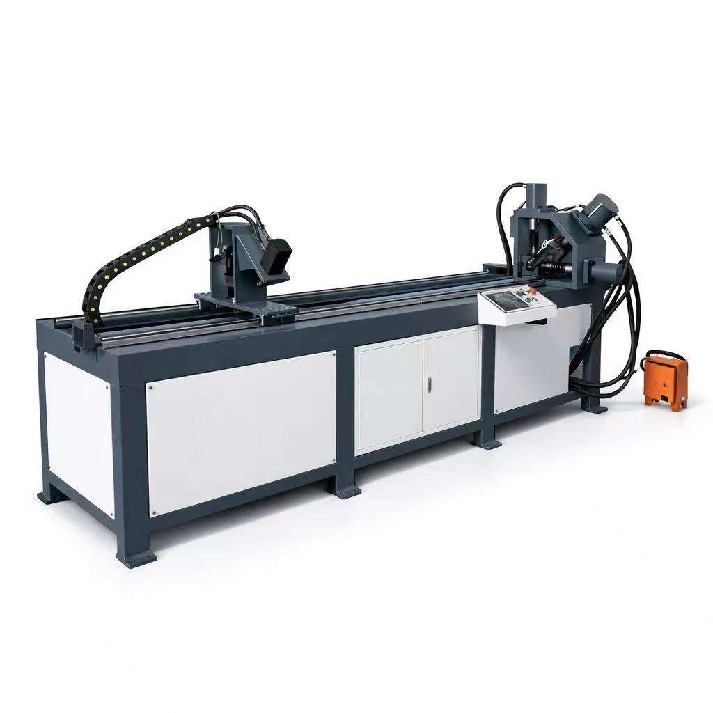 Angle steel flange production line with feeding track, processing stations, operator console and foot pedal