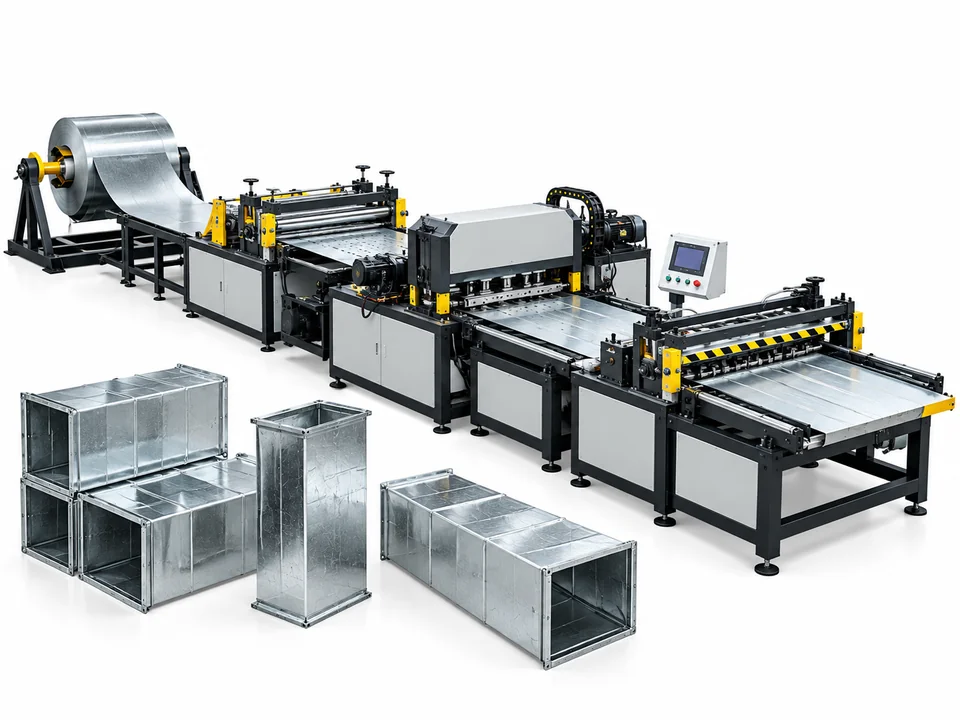 Automatic HVAC rectangular duct production line with coil feeding beading notching and cutting