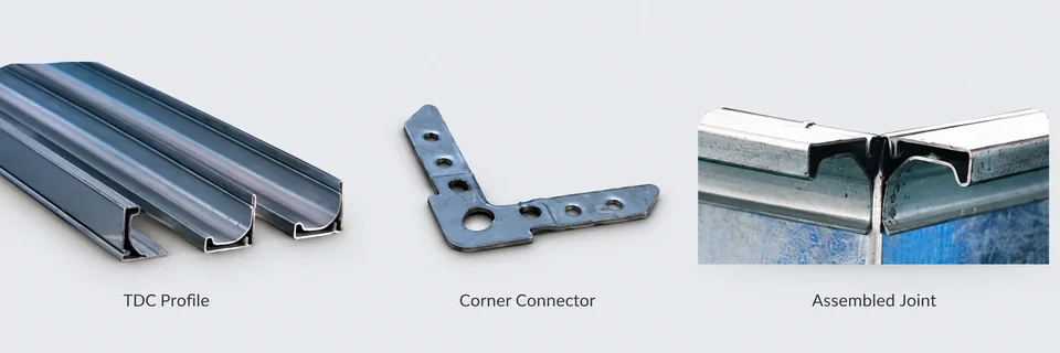 TDC flange profiles, corner connector and assembled joint based on supplied reference photographs