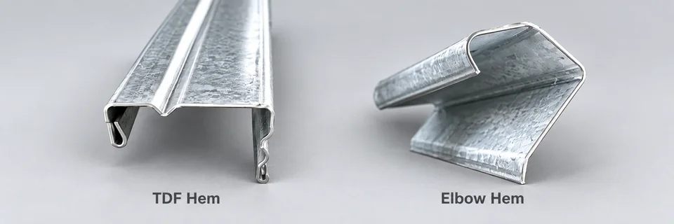 TDF Hem and Elbow Hem galvanized sheet-metal profiles on a gray background