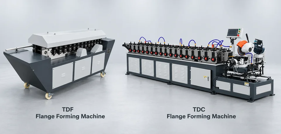 TDF and TDC flange forming machines displayed together on a gray industrial background